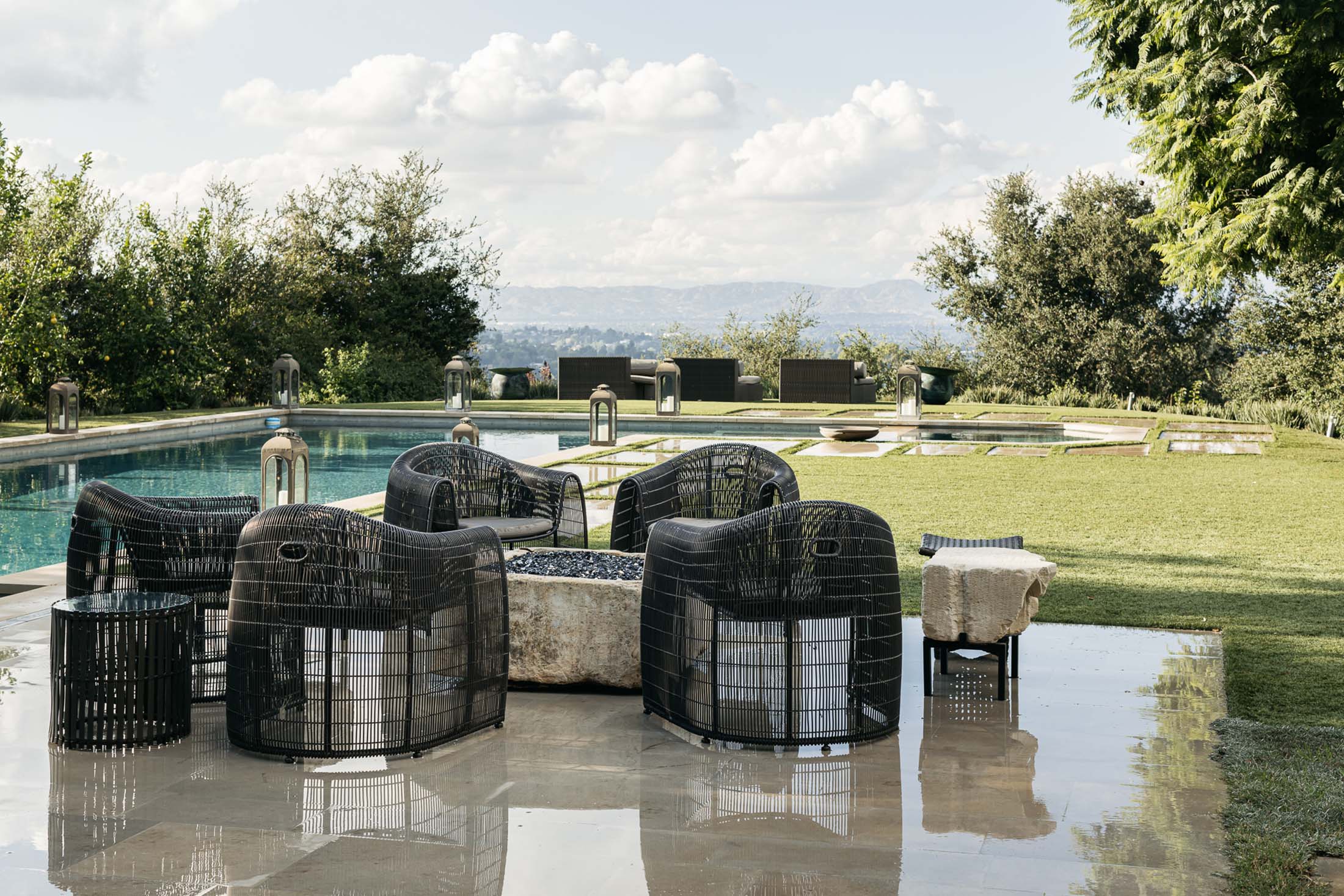 Pool patio sitting area with view of Westside Los Angeles | Jack Haley Exterior | Eco-Luxury Landscape Architecture + Design